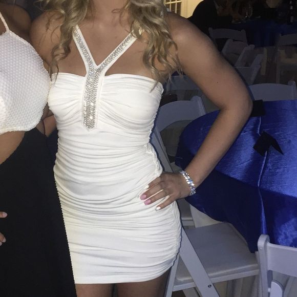 Dresses & Skirts - ruched white dress with beaded halter